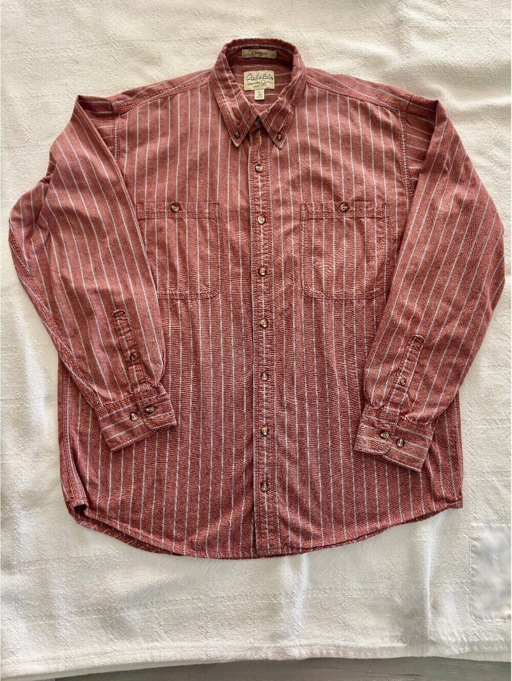 Cabela's Mens Chambray LS Button Up Shirt Light Red Blue Stripe Large Tall